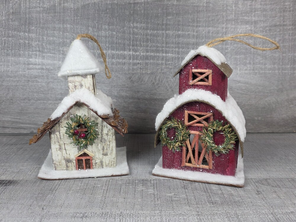 Red Barn Christmas Ornament Decor Farmhouse Country Rustic Farm Set Of 2 b245